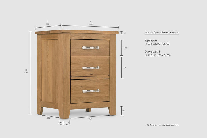 Boston Solid Natural Oak 2+1 Drawer Bedside Table - The Oak Bed Store