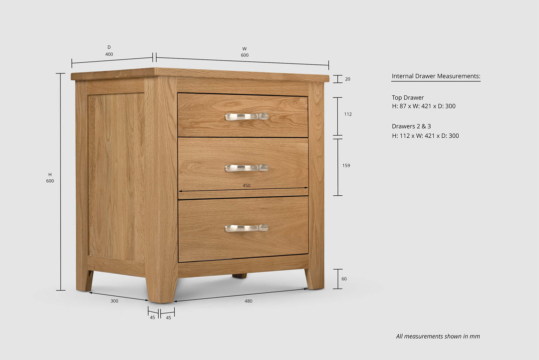 Boston Solid Natural Oak 2+1 Drawer Bedside Table - The Oak Bed Store