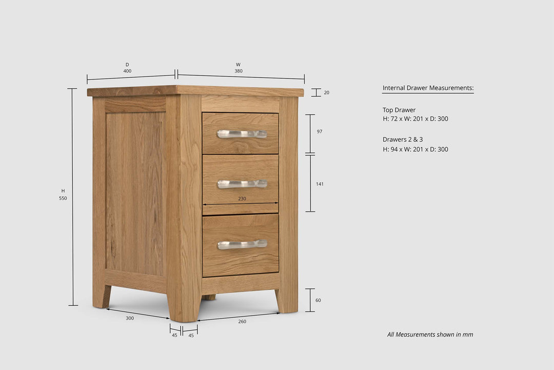 Boston Solid Natural Oak 2+1 Drawer Bedside Table - The Oak Bed Store