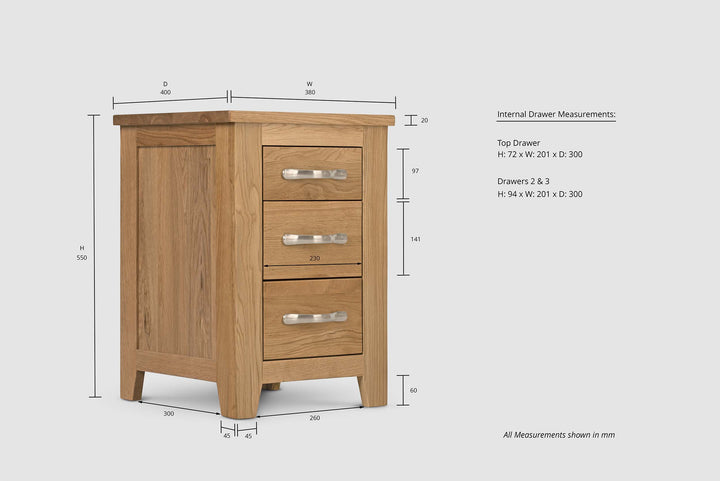 Boston Solid Natural Oak 2+1 Drawer Bedside Table - The Oak Bed Store
