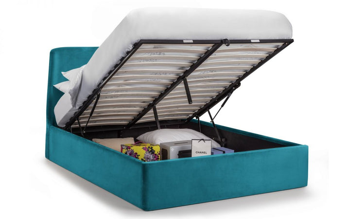 Friya Velvet Fabric Ottoman Storage Bed Frame - 5ft King Size - The Oak Bed Store