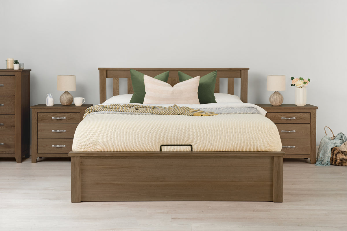 Wilmore Solid Rustic Oak Ottoman Storage Bed Frame - 6ft Super King - The Oak Bed Store