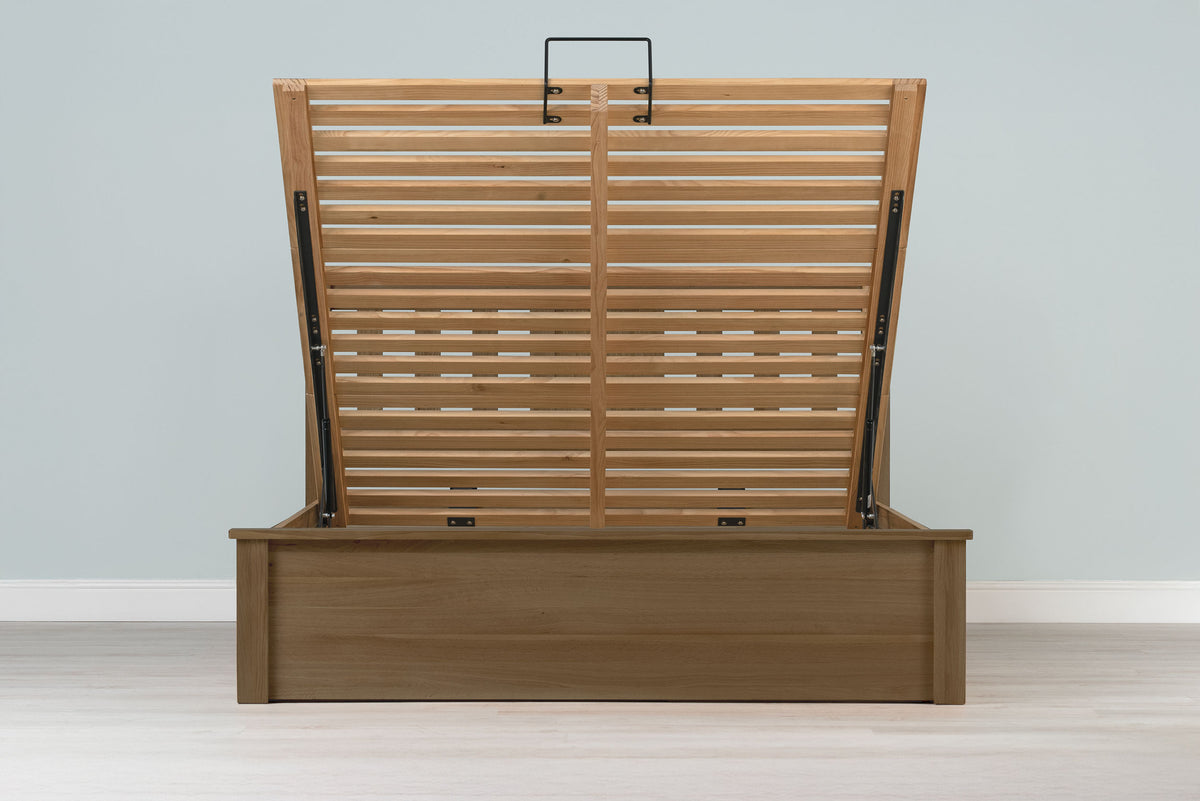 Wilmore Solid Rustic Oak Ottoman Storage Bed Frame - 6ft Super King - The Oak Bed Store