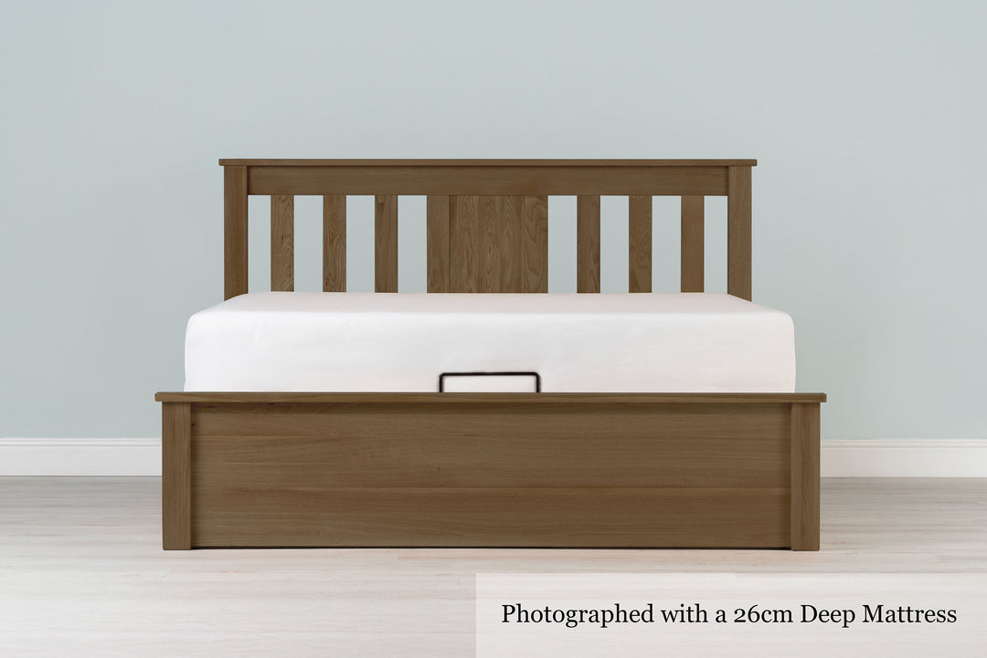 Wilmore Solid Rustic Oak Ottoman Storage Bed Frame - 6ft Super King - The Oak Bed Store