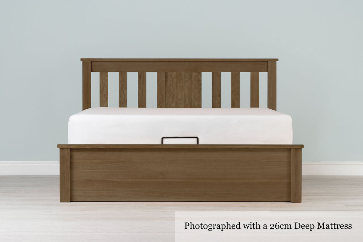 Wilmore Solid Rustic Oak Ottoman Storage Bed Frame - 6ft Super King - The Oak Bed Store