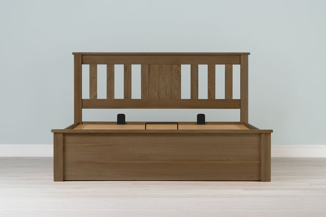 Wilmore Solid Rustic Oak Ottoman Storage Bed Frame - 6ft Super King - The Oak Bed Store