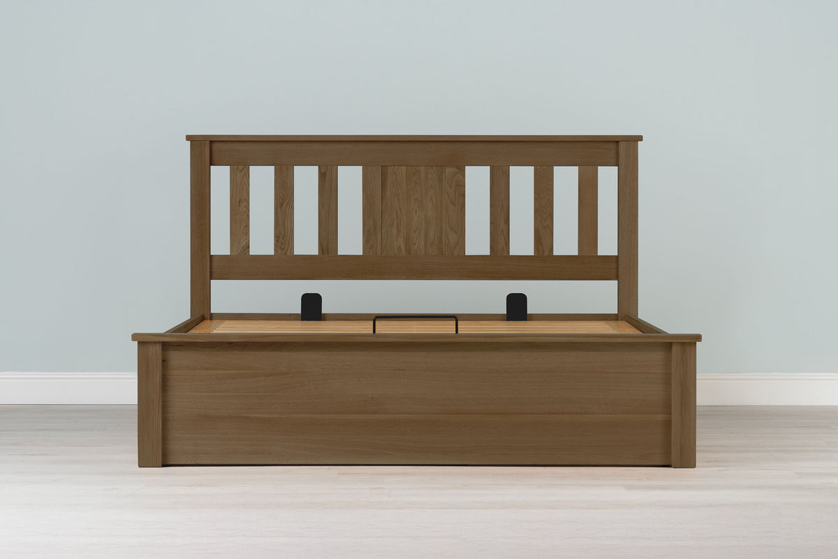 Wilmore Solid Rustic Oak Ottoman Storage Bed Frame - 6ft Super King - The Oak Bed Store