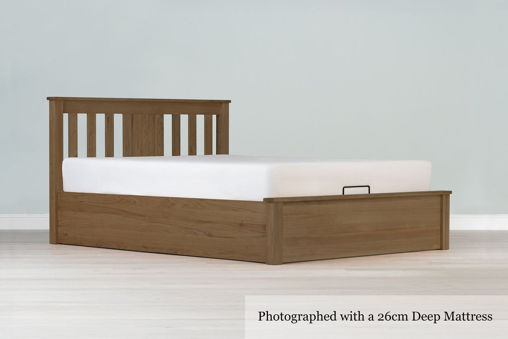 Wilmore Solid Rustic Oak Ottoman Storage Bed Frame - 6ft Super King - The Oak Bed Store