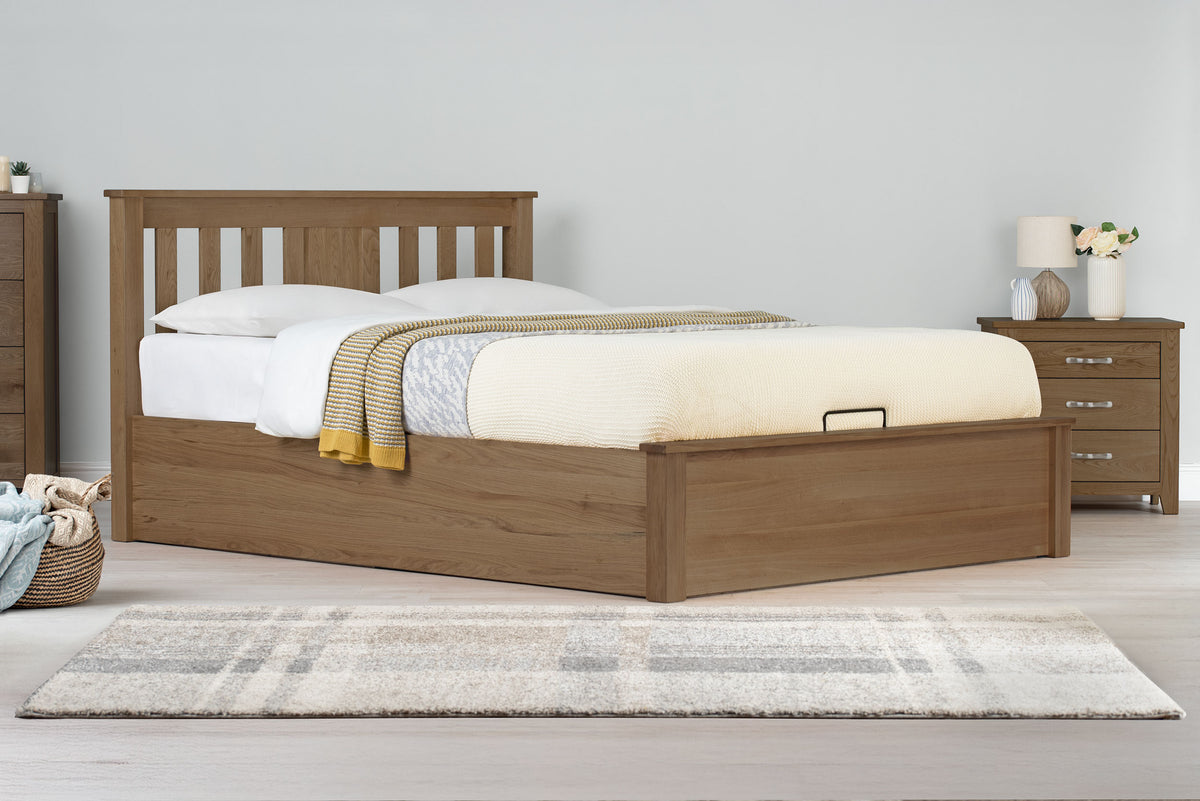 Wilmore Solid Rustic Oak Ottoman Storage Bed Frame - 6ft Super King - The Oak Bed Store