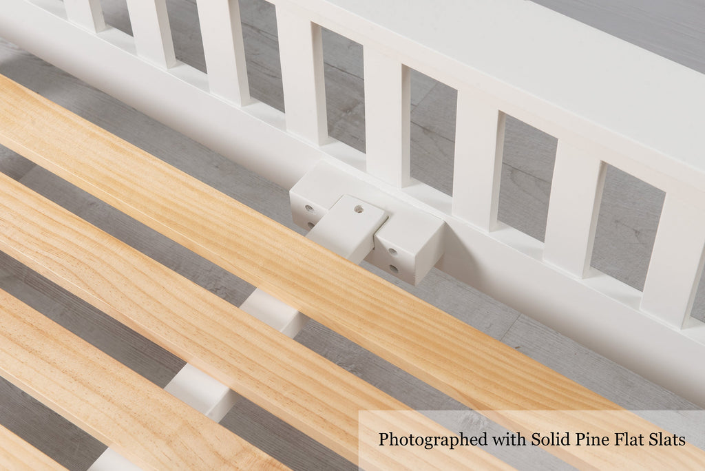 Detail of solid pine flat slats on the Boston Soft White 5ft King Size bed frame.