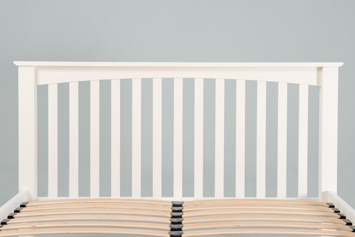 Close-up of the slatted headboard on the Boston Soft White 6ft Super King Size bed frame.