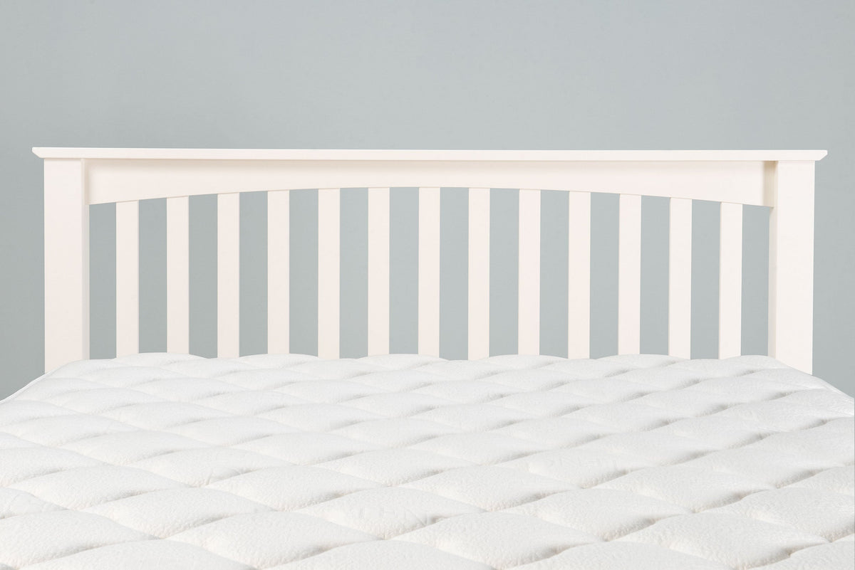 Slatted headboard of the Boston Soft White 6ft Super King Size bed frame shown with mattress.