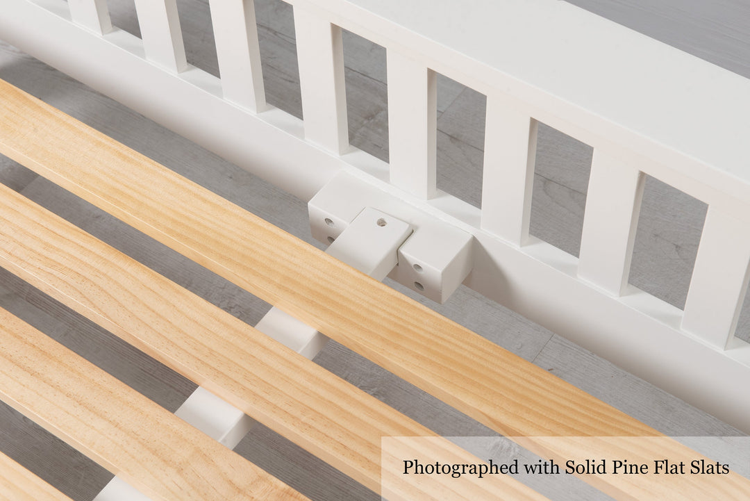 Detail of solid pine flat slats on the Boston Soft White 6ft Super King Size bed frame.