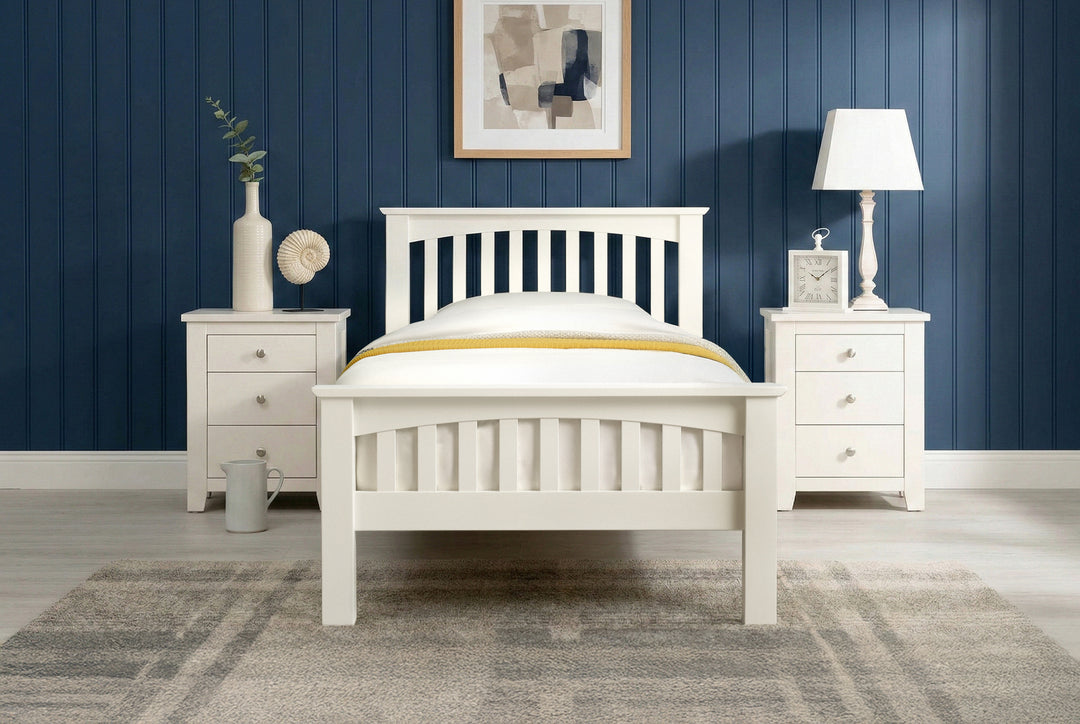 Boston Soft White Solid Wood 3ft Single Bed Frame front view with white bedding and mustard throw, styled without pillow