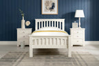 Boston Soft White Solid Wood 3ft Single Bed Frame front view with white bedding and mustard throw, styled without pillow