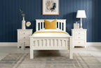 Boston Soft White Solid Wood 3ft Single Bed Frame front view with white bedding and yellow accent pillow