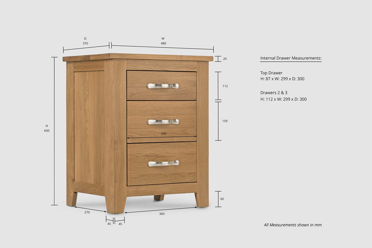 Boston Solid Natural Oak 2+1 Drawer Bedside Table - The Oak Bed Store