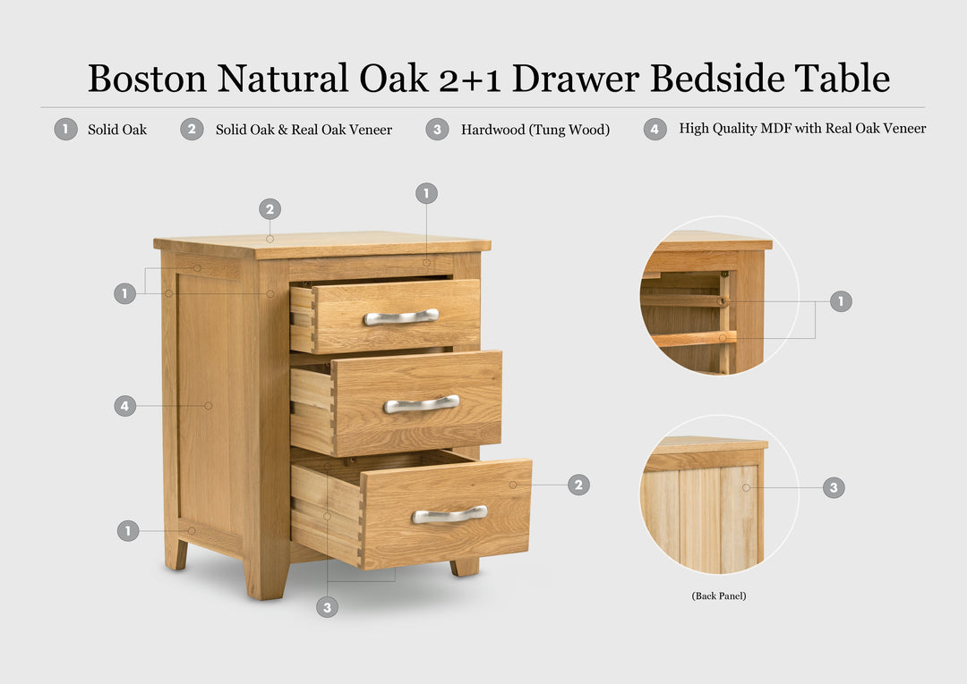 Boston Solid Natural Oak 2+1 Drawer Bedside Table - The Oak Bed Store