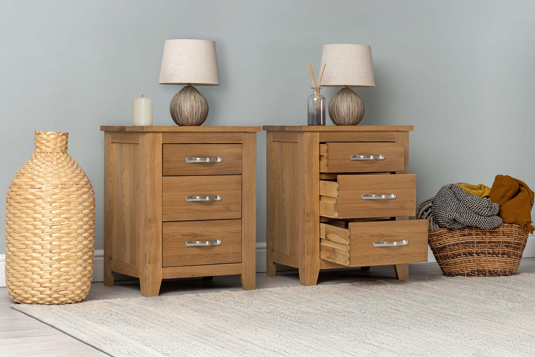 Boston Solid Natural Oak 2+1 Drawer Bedside Table - The Oak Bed Store