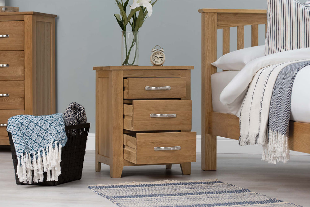 Boston Solid Natural Oak 2+1 Drawer Bedside Table - The Oak Bed Store