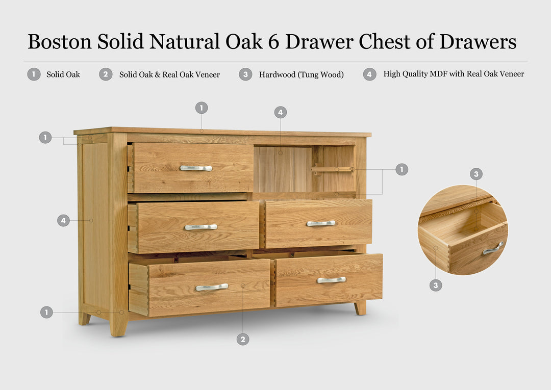 Boston Solid Natural Oak 6 Drawer Chest of Drawers - The Oak Bed Store