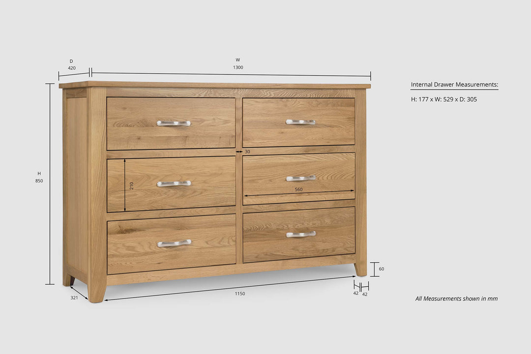 Boston Solid Natural Oak 6 Drawer Chest of Drawers - The Oak Bed Store