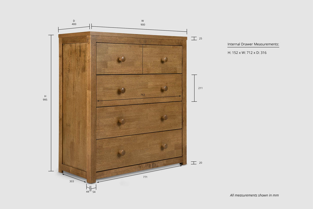 Chester Medium Oak 2 Over 3 Chest of Drawers - The Oak Bed Store