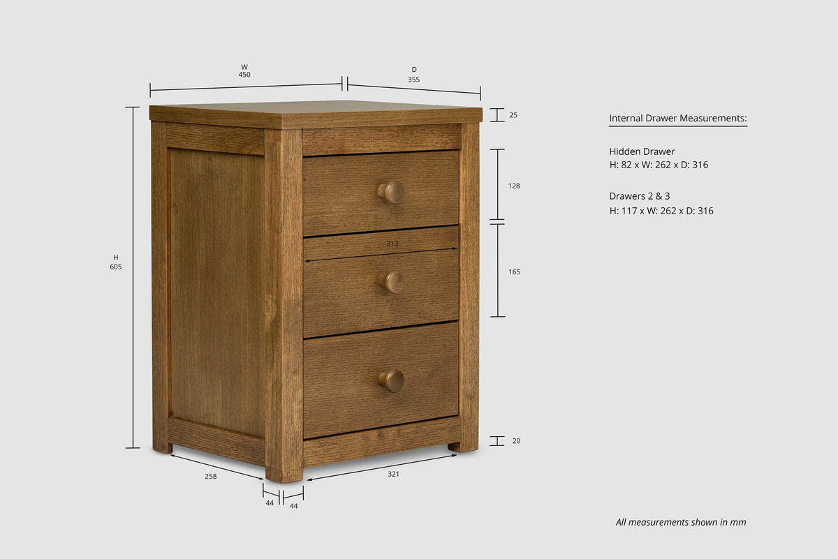 Chester Medium Oak 2+1 Bedside Table - The Oak Bed Store