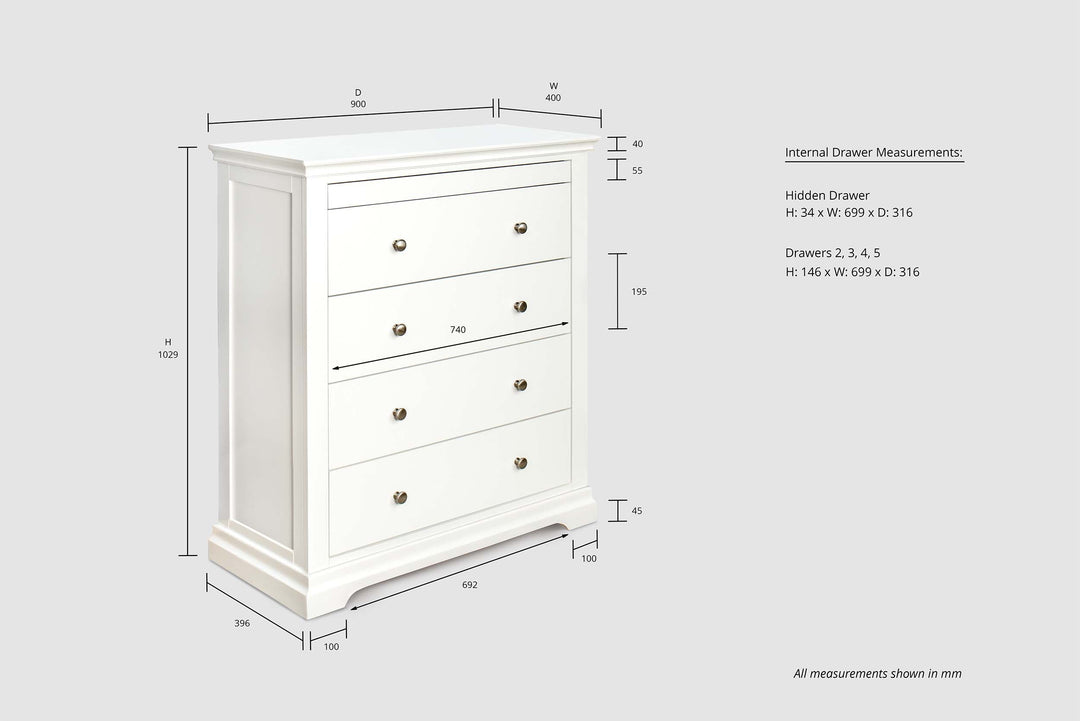 Chilgrove Bright White 4 + 1 Drawer Chest of Drawers - The Oak Bed Store