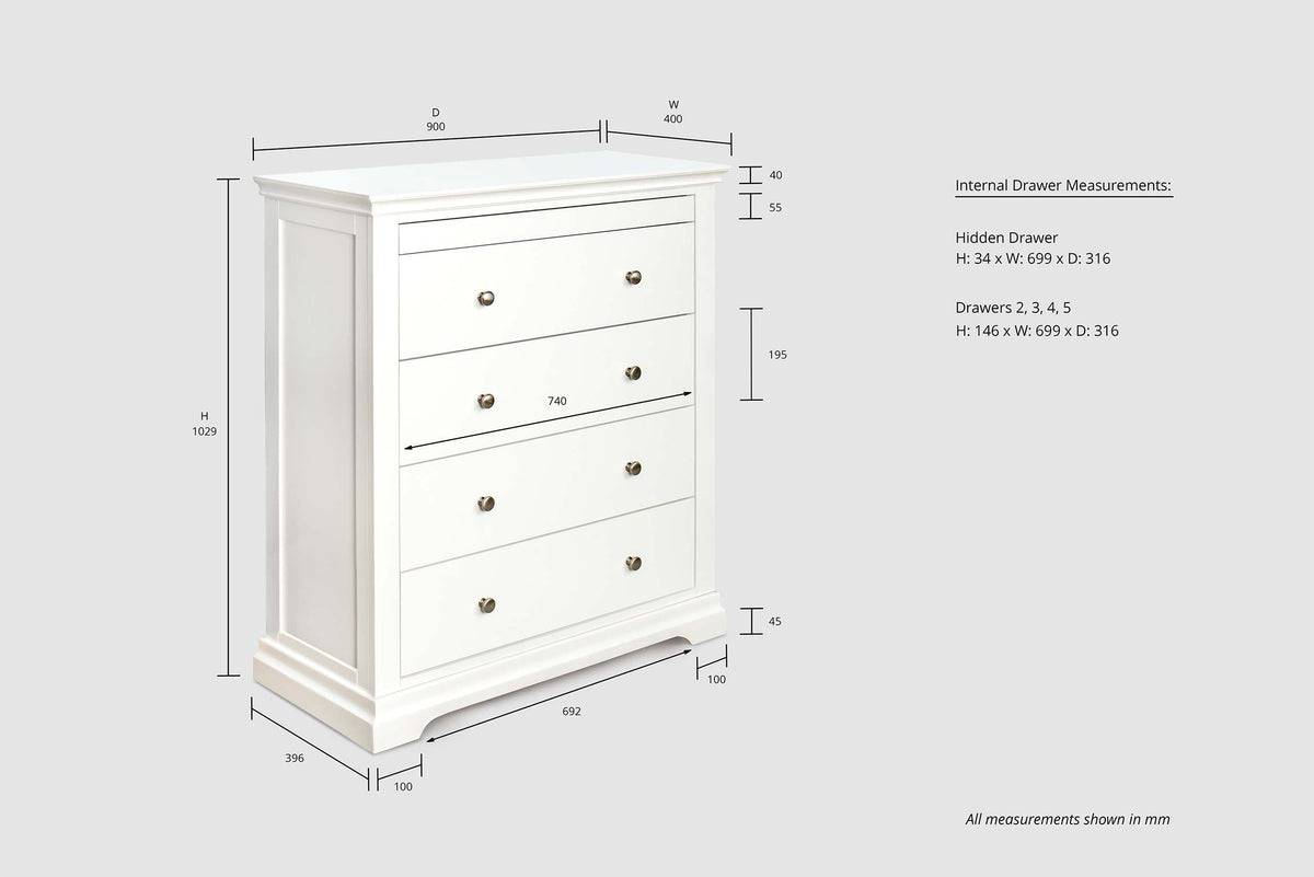 Chilgrove Bright White 4 + 1 Drawer Chest of Drawers - The Oak Bed Store