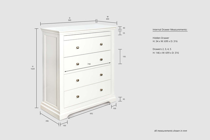 Chilgrove Bright White 4 + 1 Drawer Chest of Drawers - The Oak Bed Store