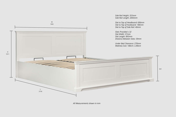 Chilgrove Bright White Ottoman Storage Bed Frame - 6ft Super King - The Oak Bed Store