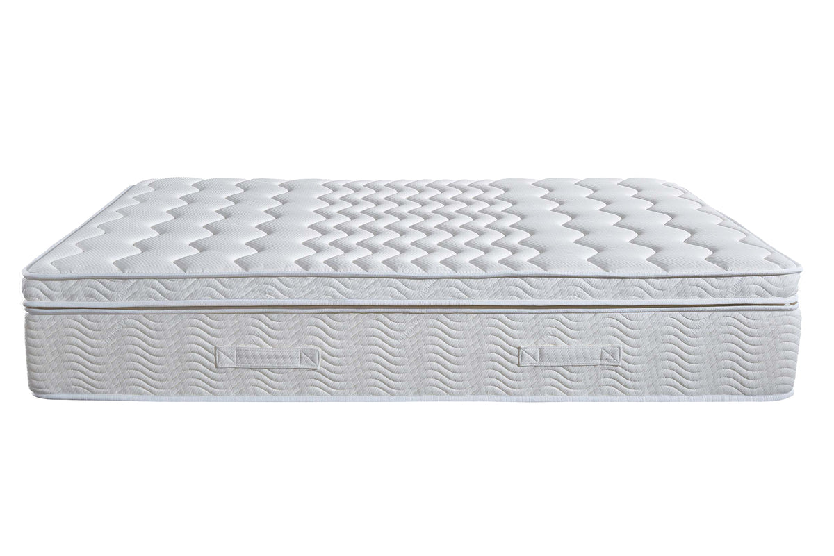 The Flow Drift Hybrid 2000 mattress side view with carry handles and quilted fabric finish