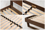 Mayfair solid walnut double bed construction details: head-end corner, centre rail, sprung slats and floating sled leg