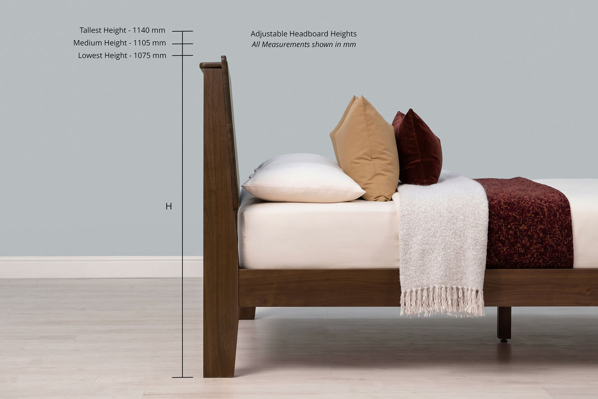 Mayfair solid walnut double bed side view, headboard height adjustable to 1075 mm, 1105 mm or 1140 mm