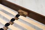 Mayfair solid walnut double bed centre rail close-up, fixed to the foot-end rail with a solid oak support block