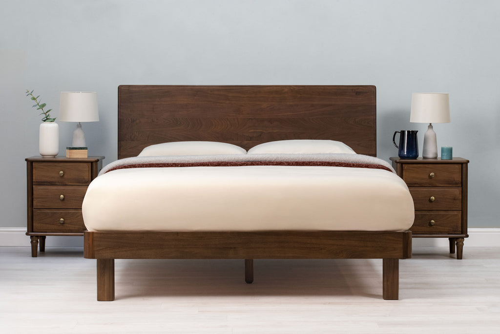 Mayfair solid walnut double bed frame with square legs, front view without scatter cushions, showing the headboard
