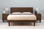 Mayfair solid walnut double bed frame with square legs, front view without scatter cushions, showing the headboard