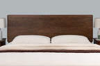 Mayfair solid walnut double bed headboard, front close-up with two white pillows and no scatter cushions