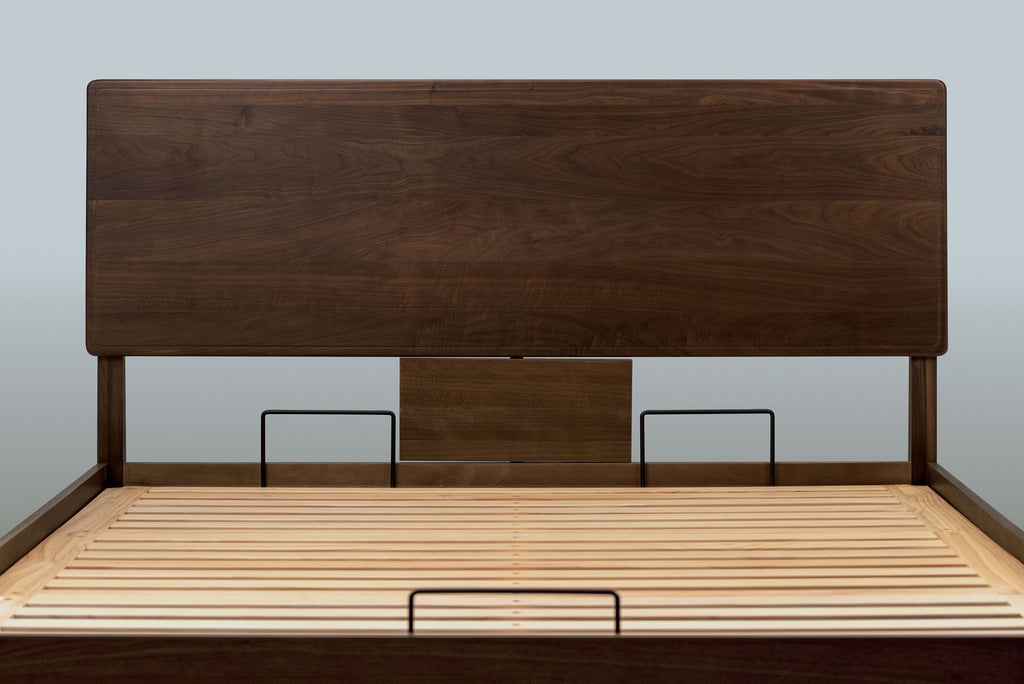 Mayfair solid walnut double ottoman bed headboard and slatted base without a mattress, showing the mattress retainer bars