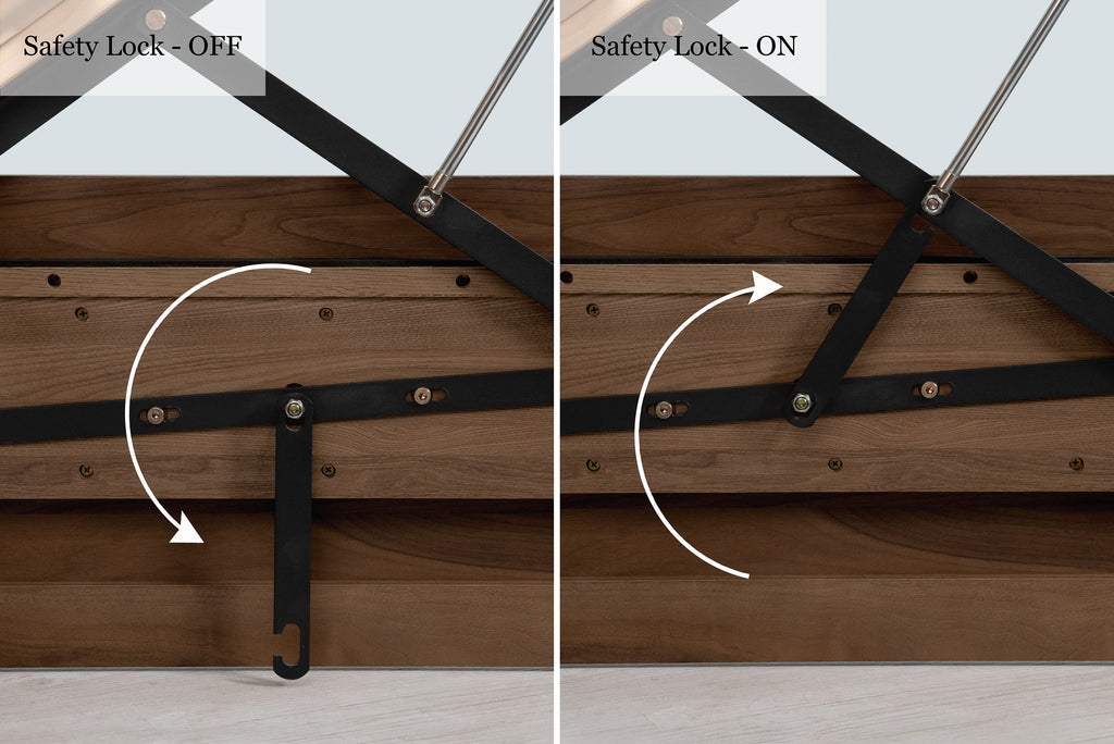 Mayfair solid walnut double ottoman bed lift mechanism safety lock, shown in the off and on positions