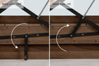 Mayfair solid walnut double ottoman bed lift mechanism safety lock, shown in the off and on positions