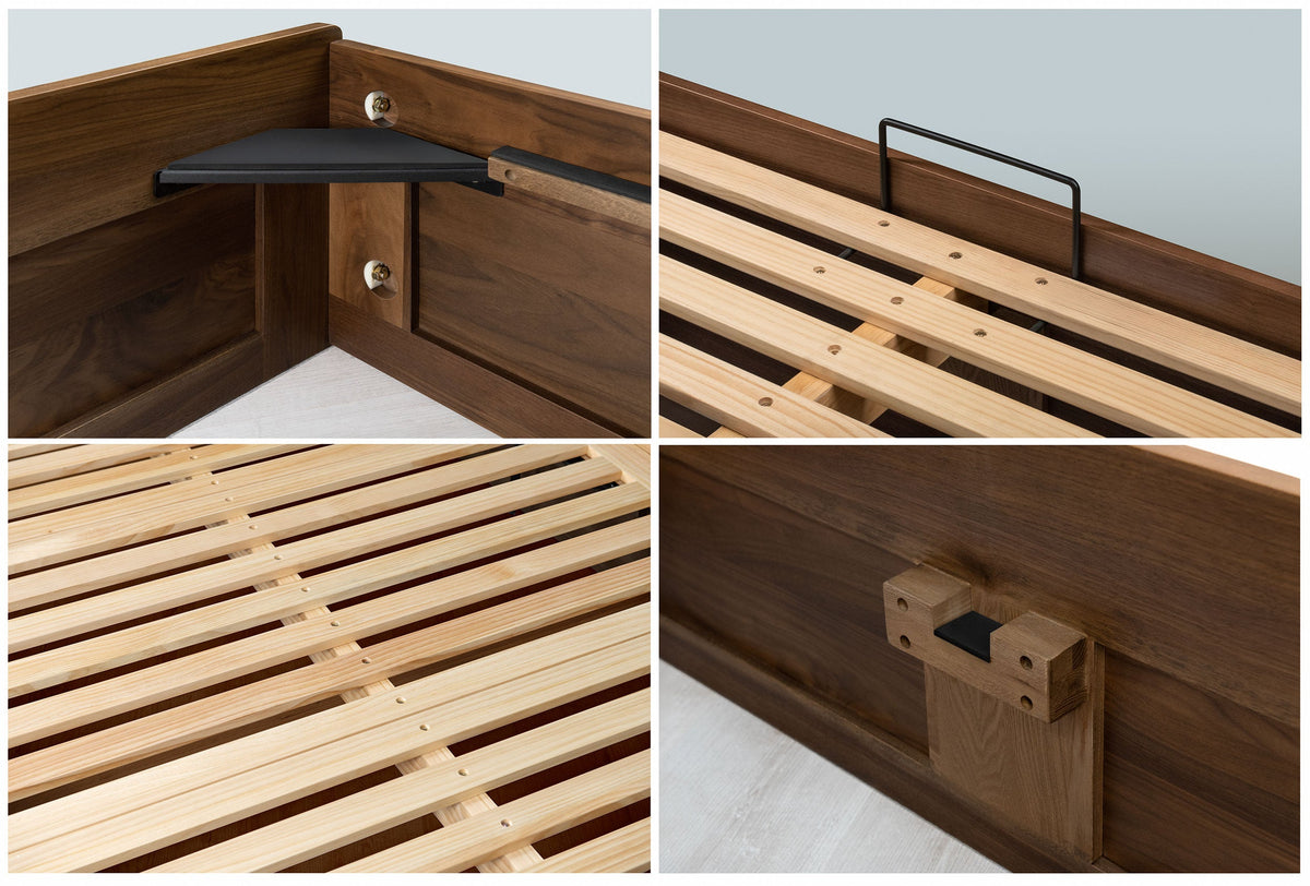 Mayfair solid walnut king size ottoman bed construction details: corner bracket, retainer bar, slats and rail support