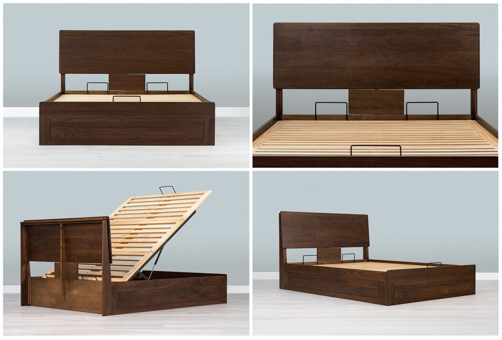 Mayfair solid walnut king size ottoman bed frame without a mattress in four views: front, headboard, rear and angled