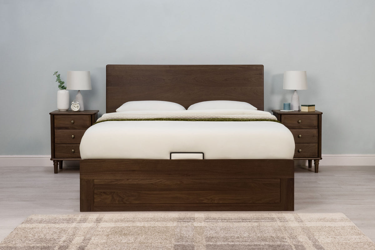 Mayfair solid walnut king size ottoman bed frame, front view without scatter cushions, showing the headboard