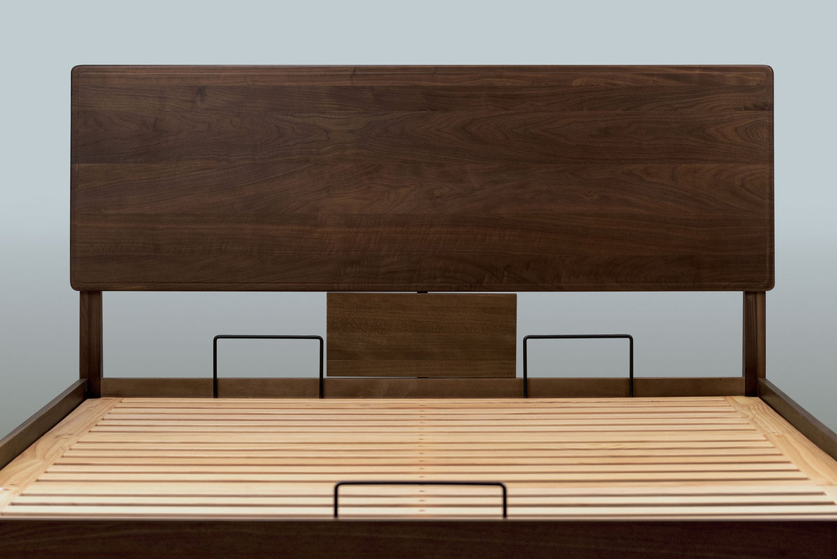 Mayfair solid walnut king size ottoman bed headboard and slatted base without a mattress, showing the mattress retainer bars