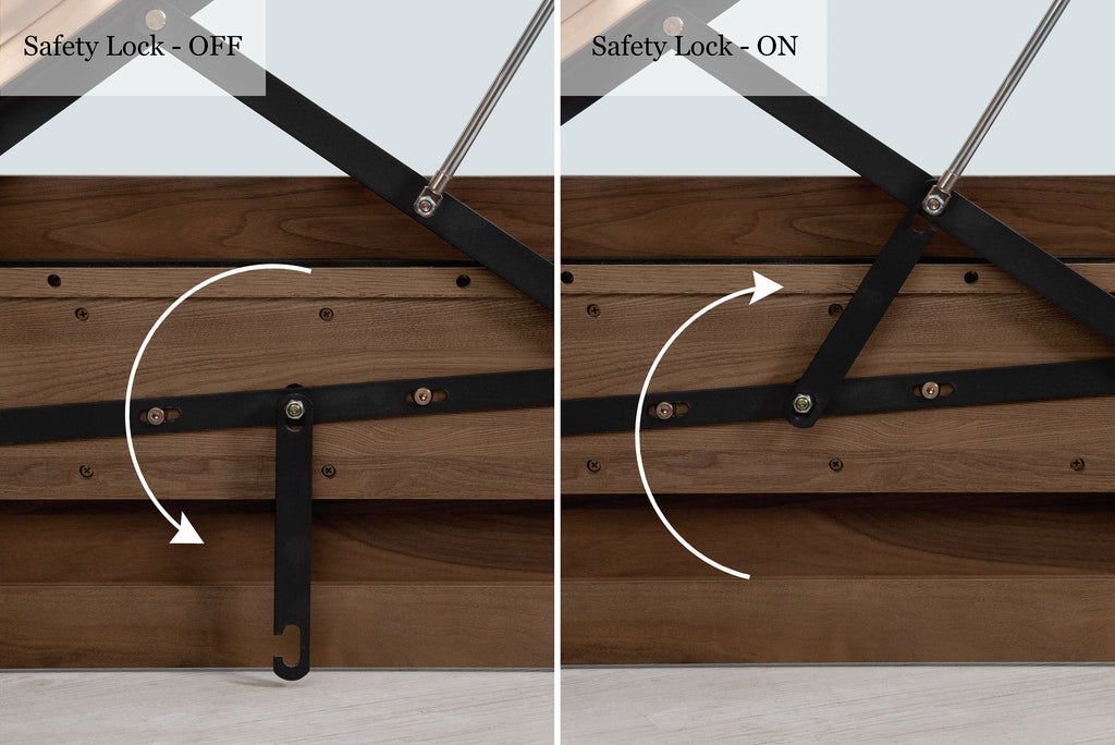 Mayfair solid walnut king size ottoman bed lift mechanism safety lock, shown in the off and on positions