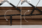 Mayfair solid walnut king size ottoman bed lift mechanism safety lock, shown in the off and on positions