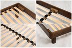 Mayfair solid walnut super king bed construction details: corner bracket, centre rail, sprung slats and rounded corner