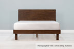Mayfair solid walnut super king bed frame with square legs, a 26cm deep mattress and no bedding, front view from the foot of the bed